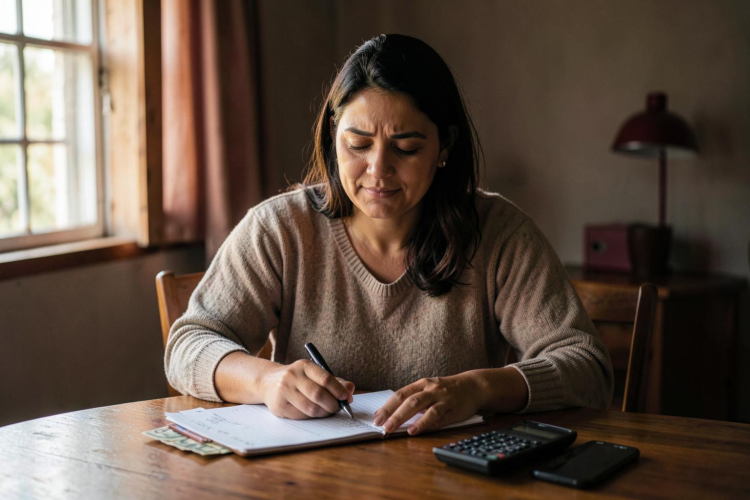 Mulher organizando as contas da casa em um caderno